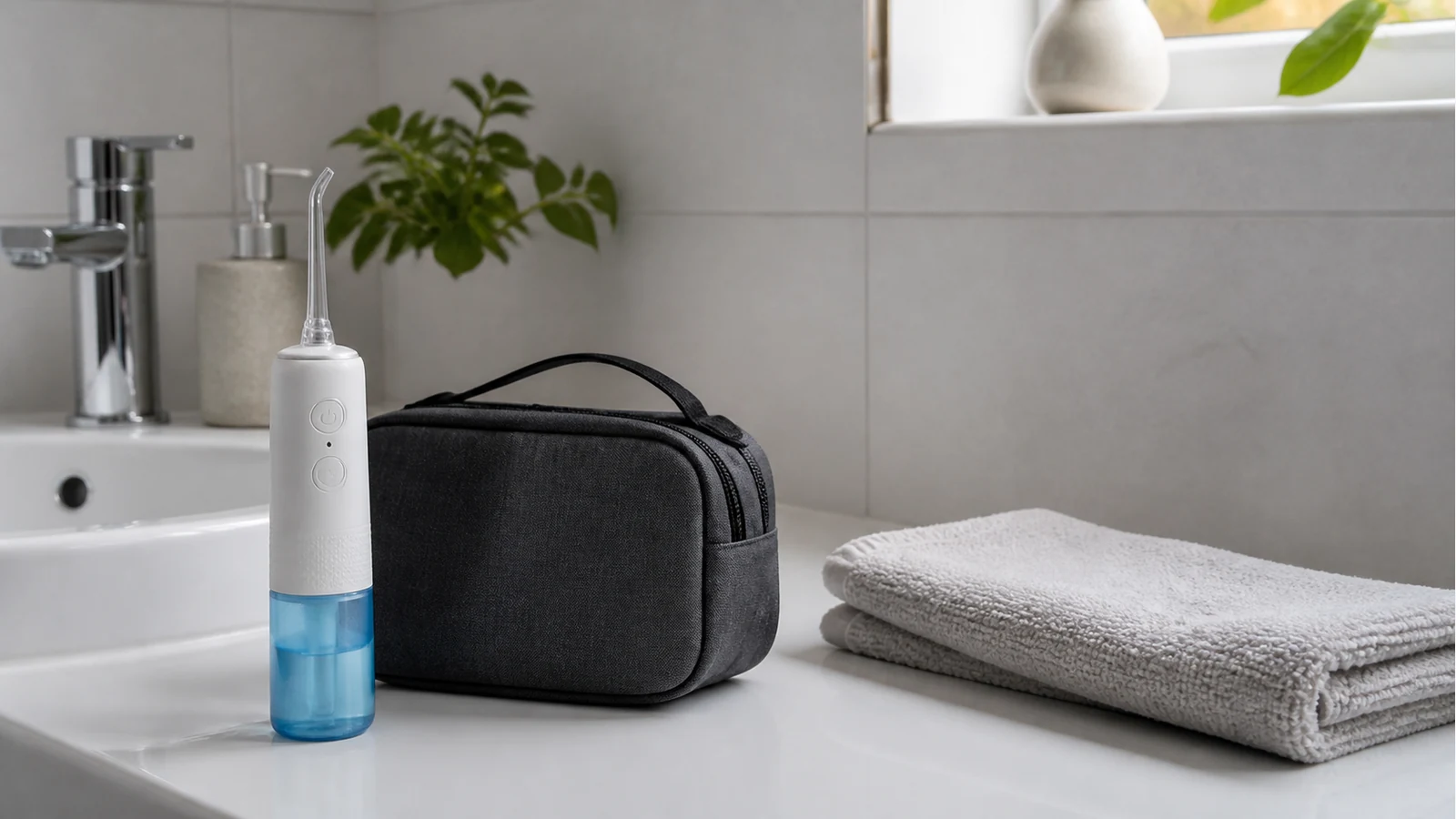Compact cordless water flosser on a UK bathroom sink next to a travel wash bag