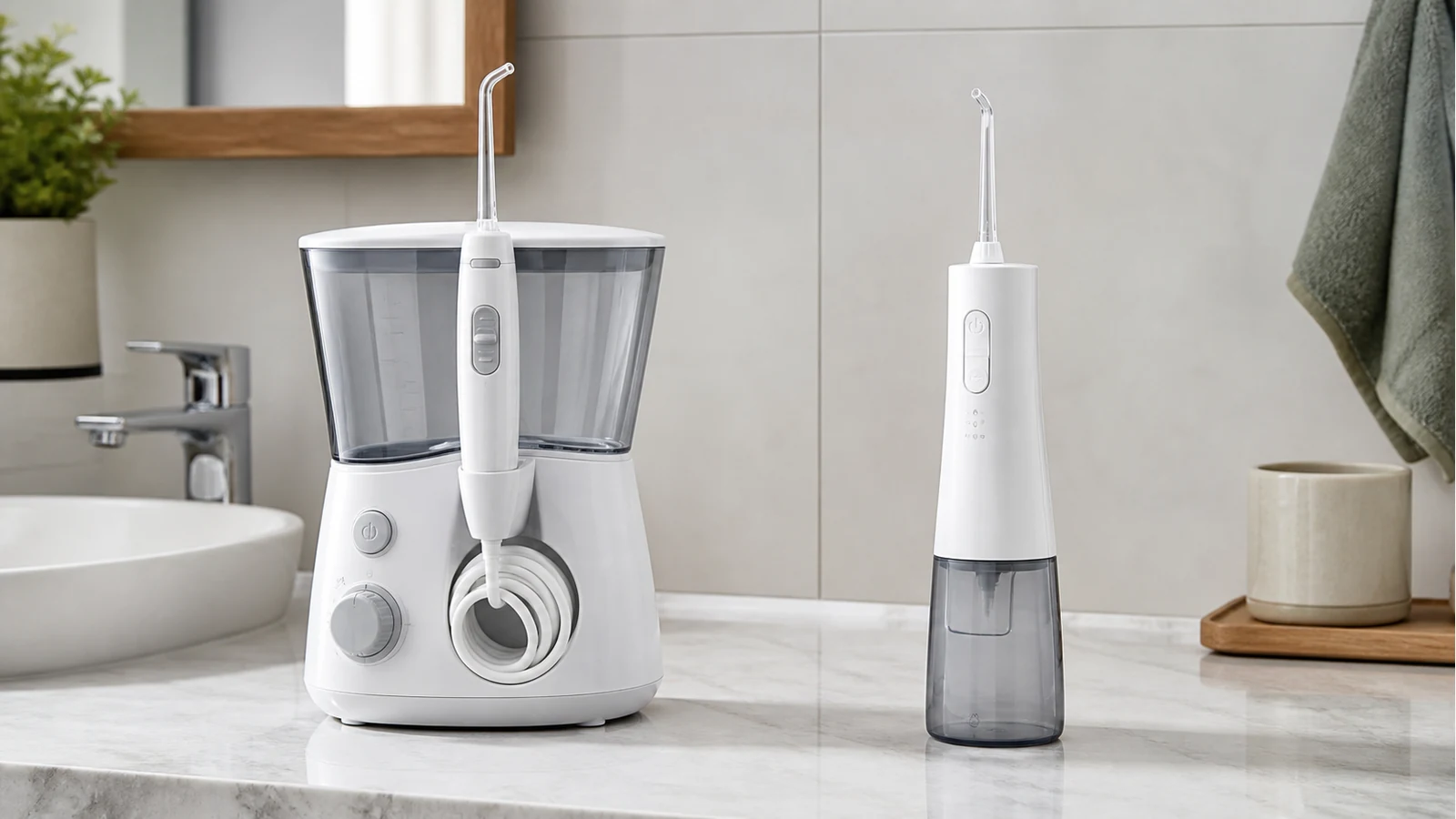 Side-by-side comparison of a countertop oral irrigator and a cordless water flosser on a bathroom counter