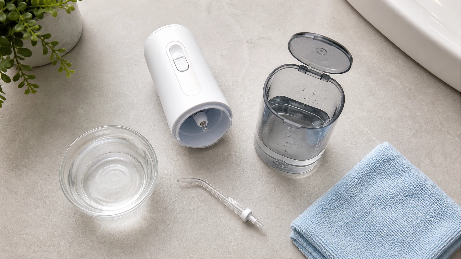 Water flosser tip and reservoir prepared for cleaning with a cloth and vinegar solution