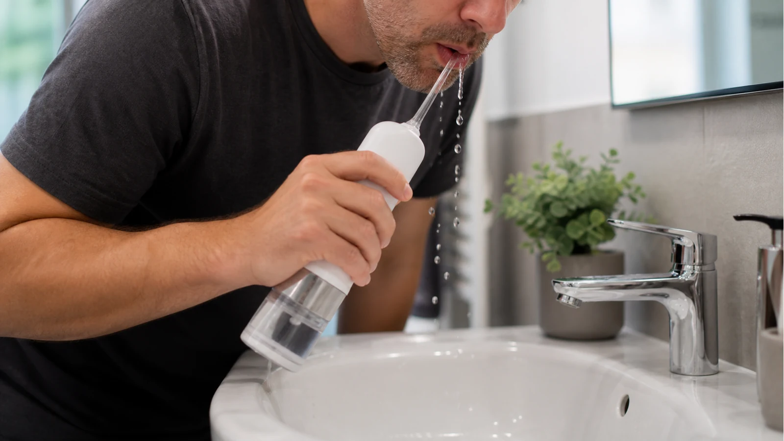 Person leaning over a bathroom sink using a cordless water flosser correctly
