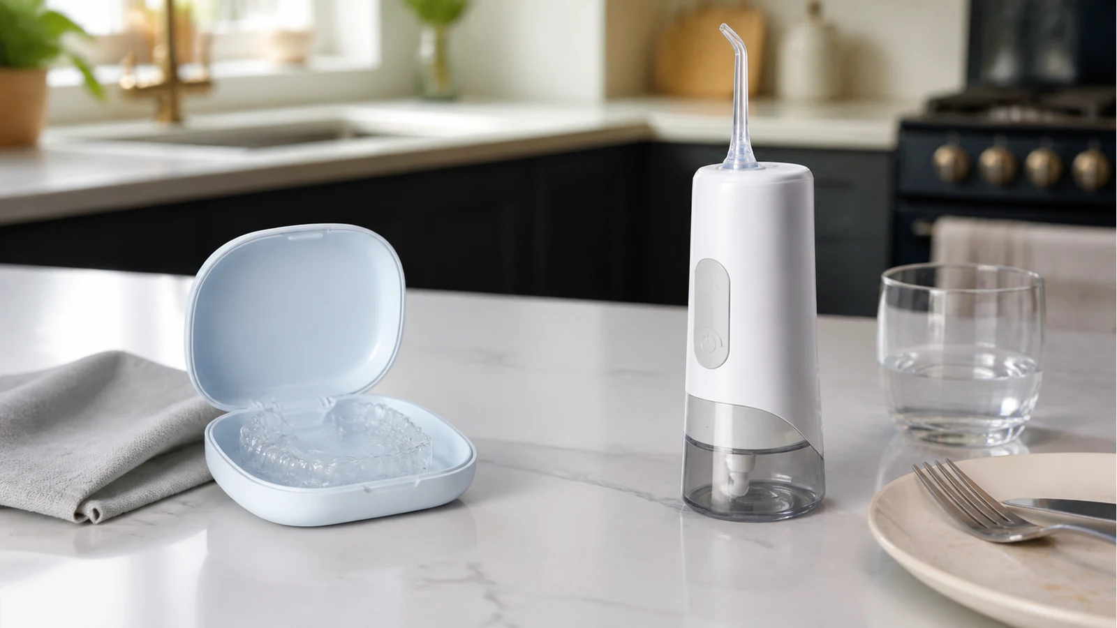 Clear aligner case next to a compact cordless water flosser on a countertop