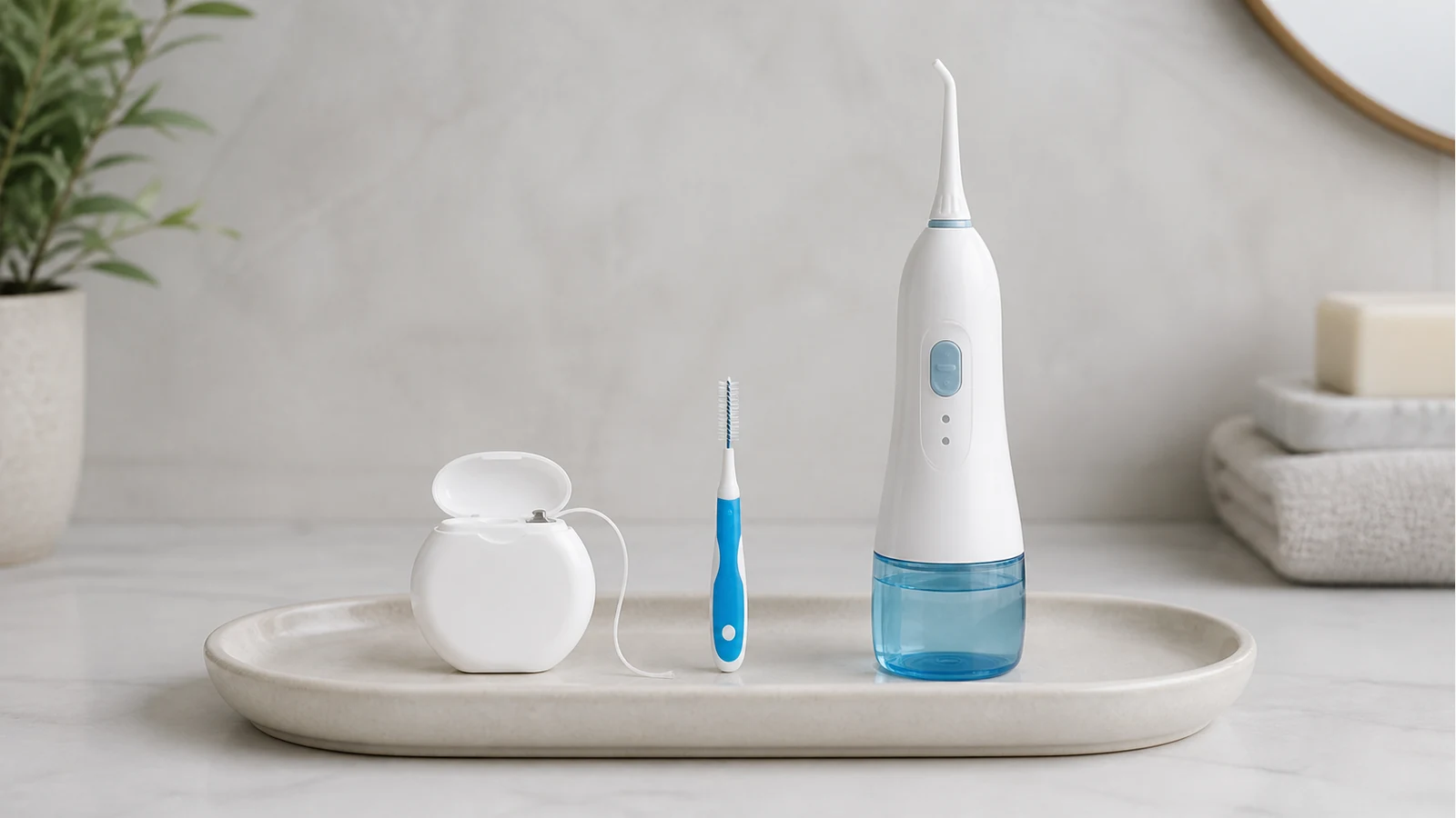 String floss, interdental brush and cordless water flosser arranged for comparison